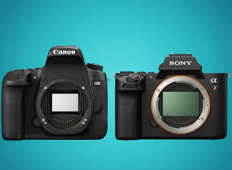 Boitiers de caméra réflex côte à côte avec sans-mirroir. Distinction visible entre le miroir de la réflex et le capteur de la sans-miroir. Texte DSLR vs Mirrorless en blanc, sur fond turquoise éclatant.